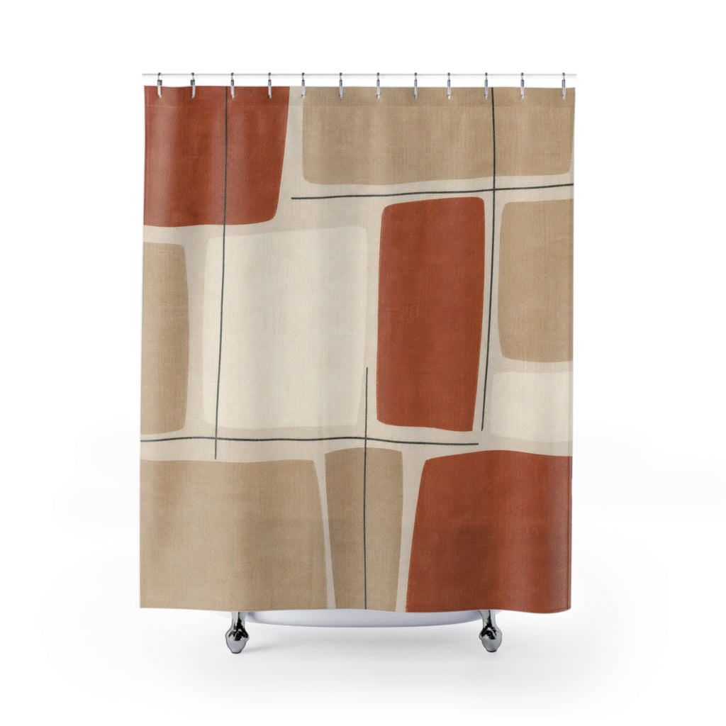 Abstract Shower Curtain, Terracotta Beige Grid Pattern, Rust Neutral Bathroom Decor, Modern Geometric Guest Bath Warm Art Style