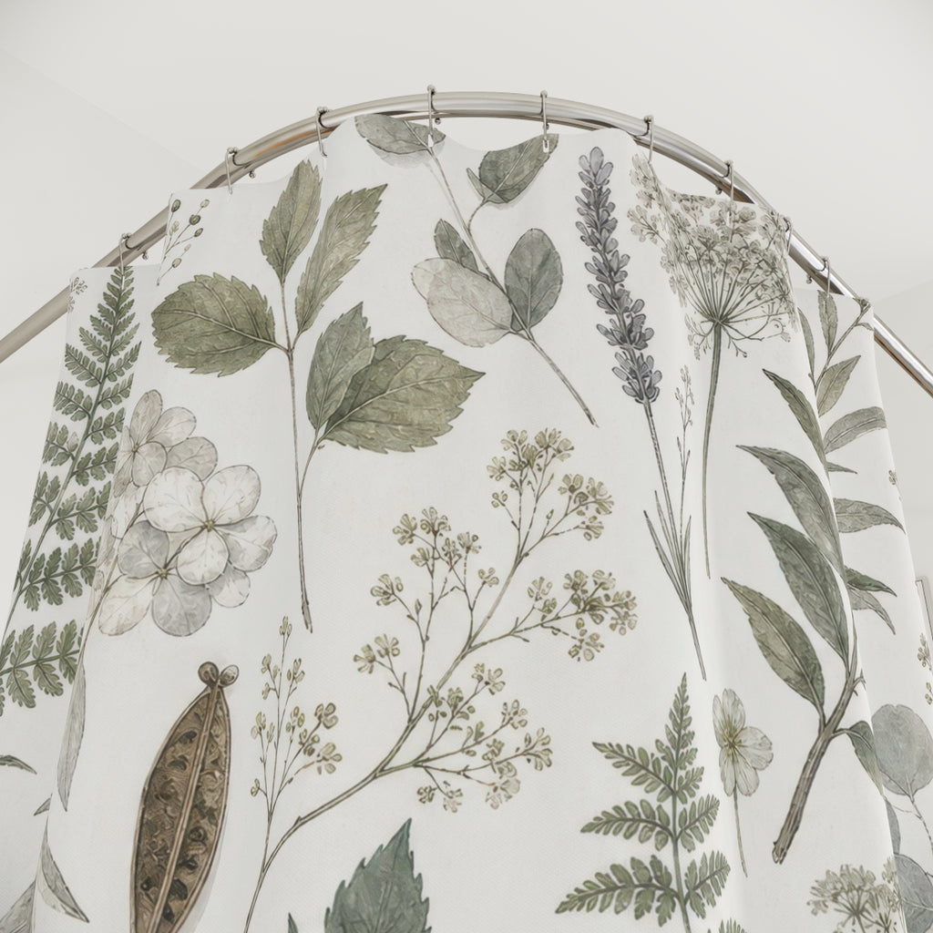 Green Herbarium Shower Curtain, Sage Green Nature Bathroom Decor, Herbarium Botanical Bath Curtain, Guest Bath Decor, Small Bathroom Decor