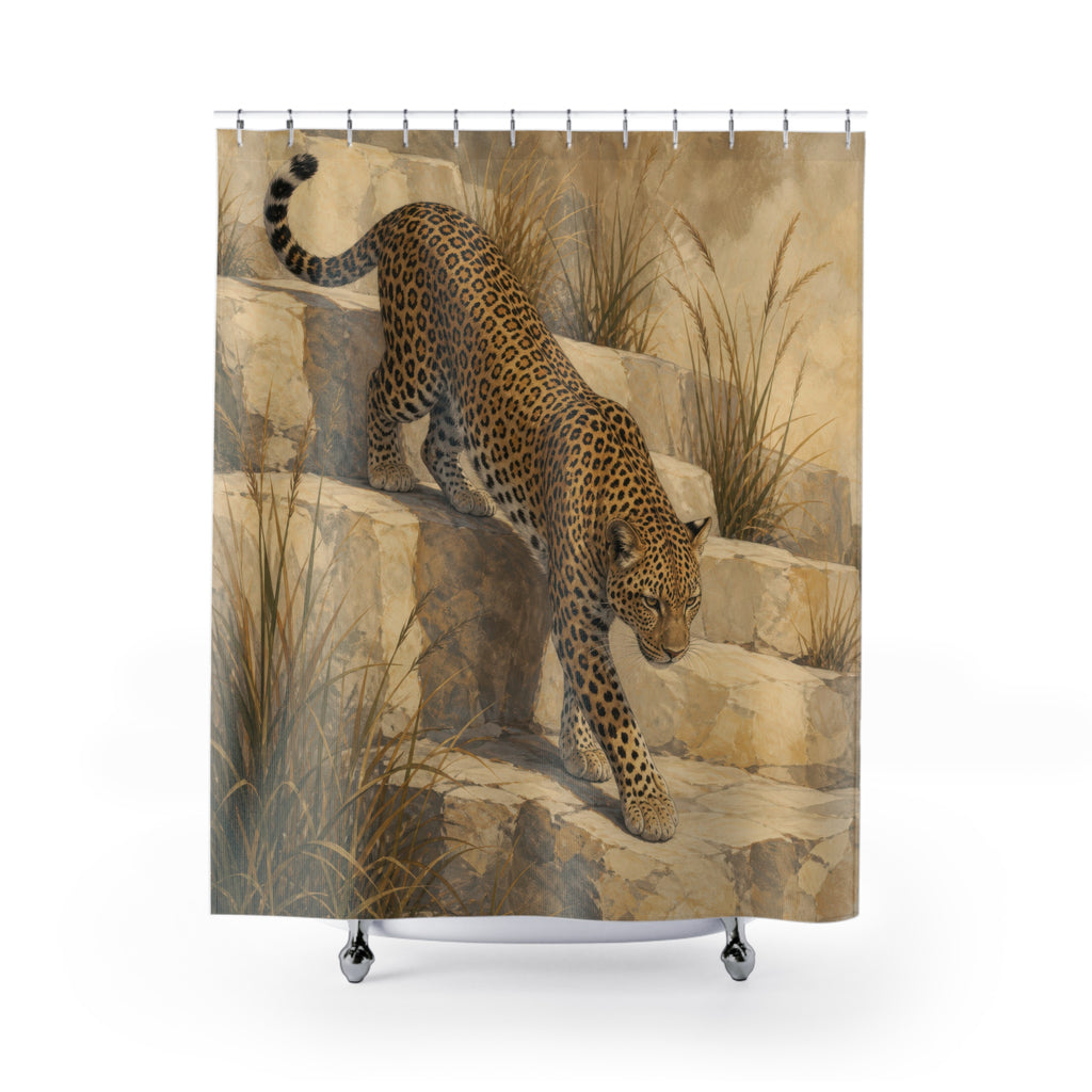 Leopard on Stone Steps Shower Curtain