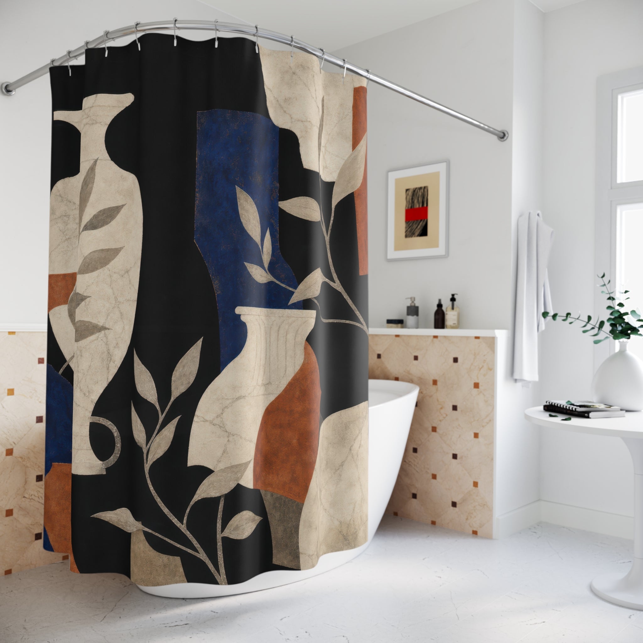 Vase Leaf Black Botanical Shower Curtain