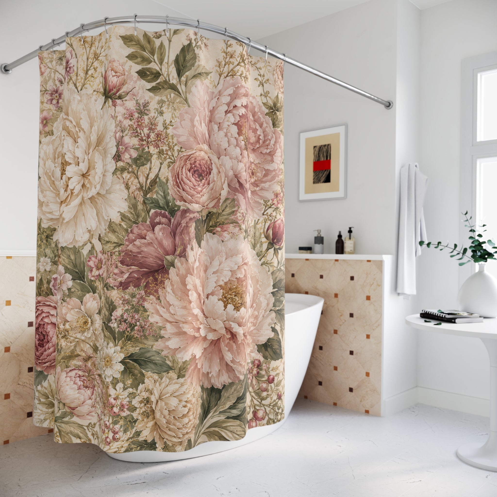 Blush Pink Botanical Floral Shower Curtain