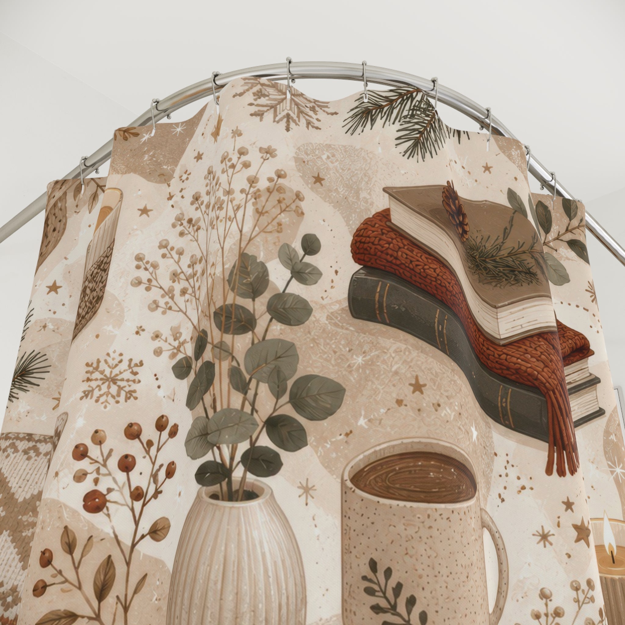 Beige Hygge Books Shower Curtain