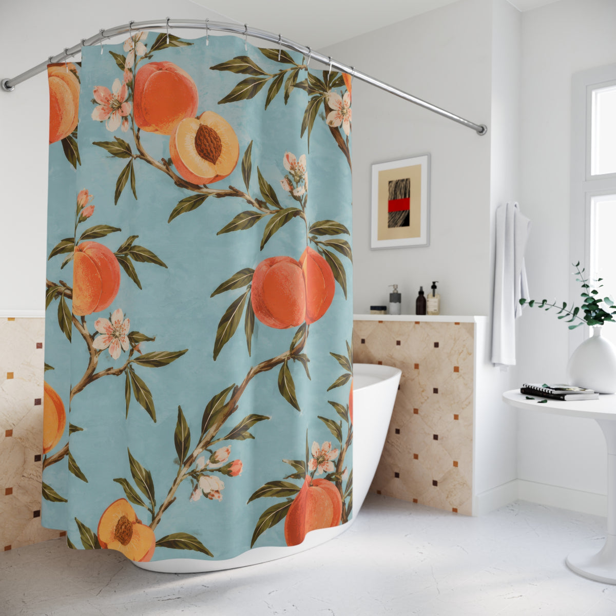 Peaches and leafy branches on pale blue shower curtain beside a freestanding tub