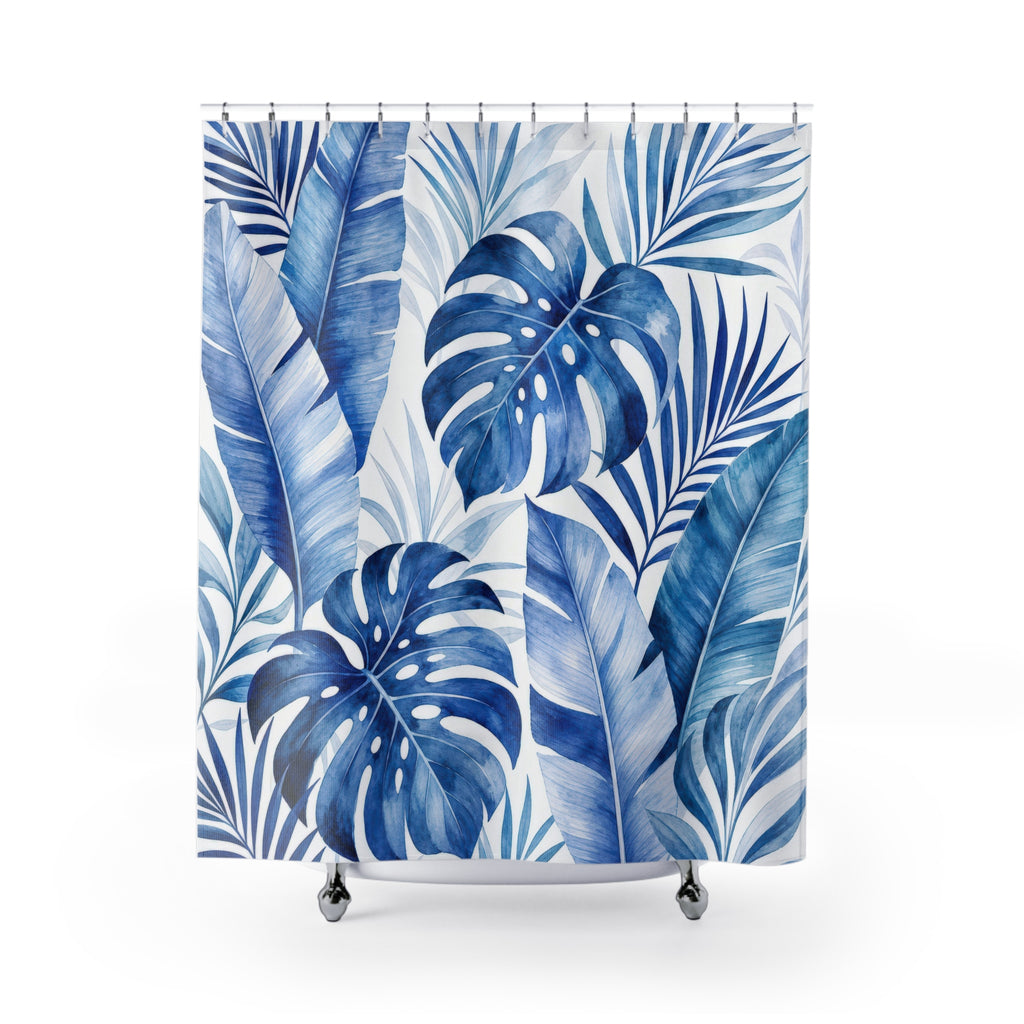 Blue Tropical Leaf Shower Curtain, Blue White Coastal Bathroom Decor, Tropical Leaf Bath Curtain, Guest Bath Decor, Small Bathroom Decor