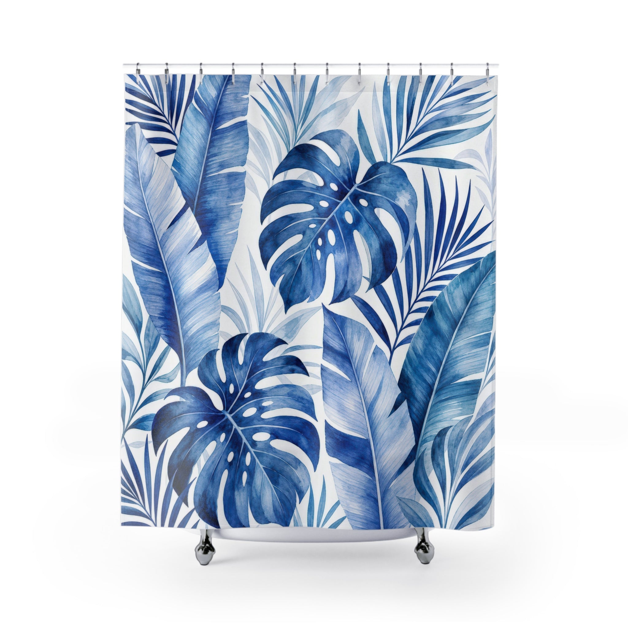 Blue Tropical Leaf Shower Curtain, Blue White Coastal Bathroom Decor, Tropical Leaf Bath Curtain, Guest Bath Decor, Small Bathroom Decor