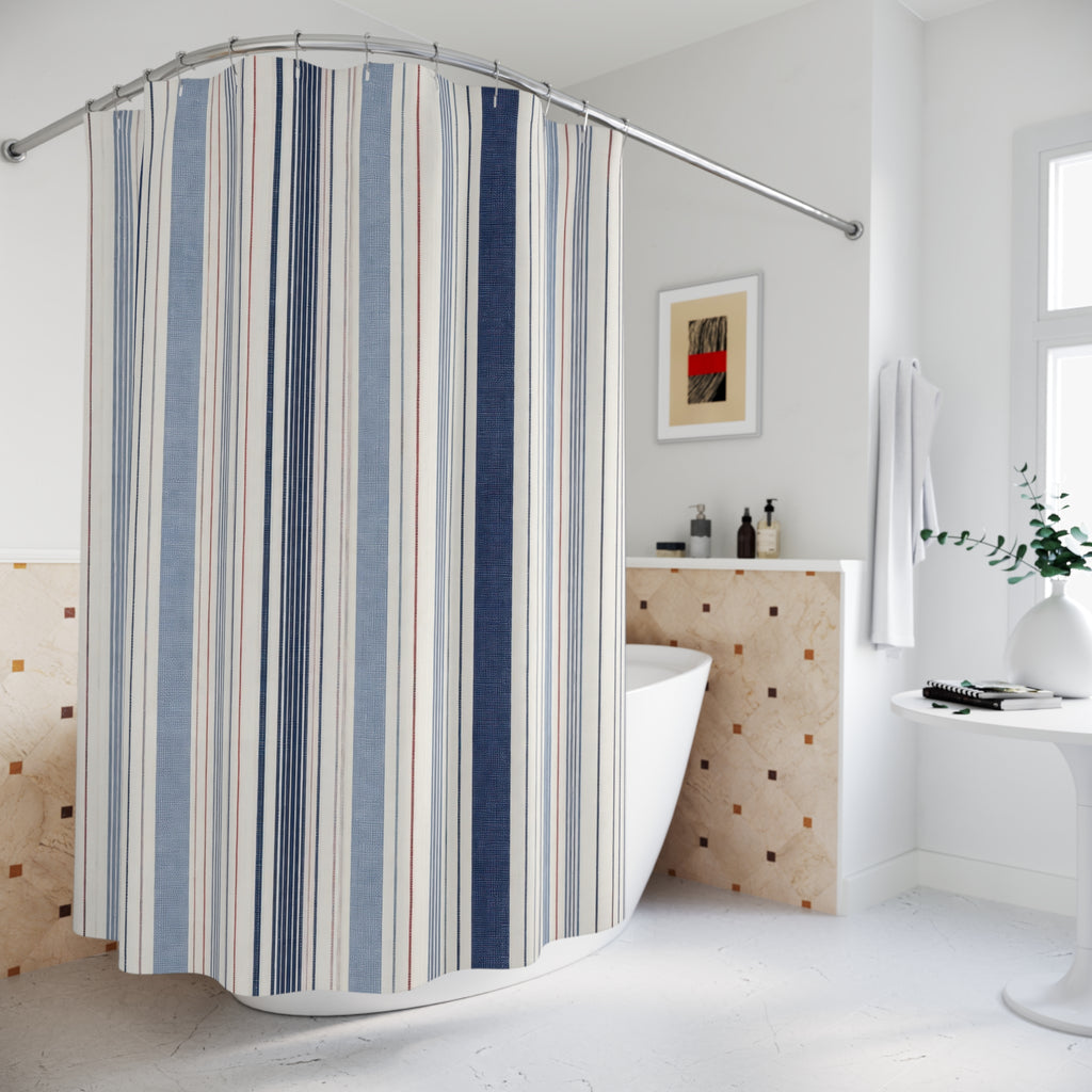 Navy Beige Ticking Stripe Shower Curtain