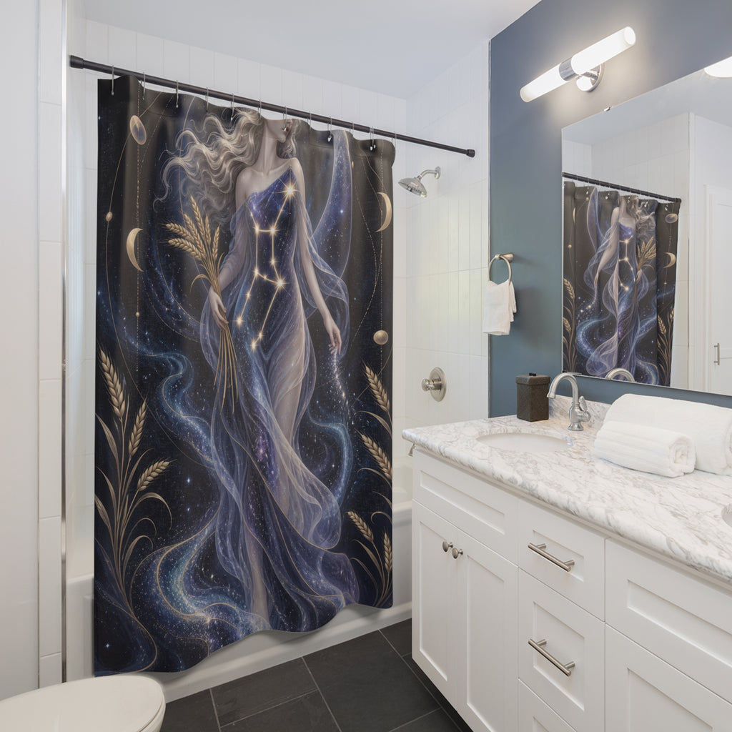 Flowing Virgo maiden in navy and violet stars shower curtain beside a white vanity