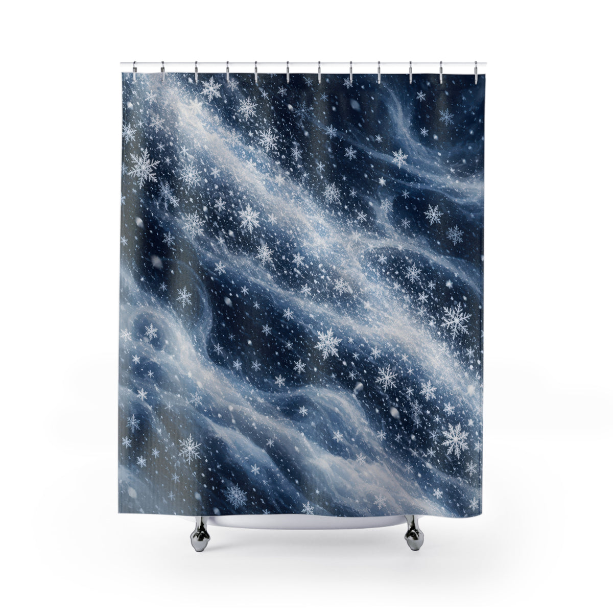 Navy swirling snowfall shower curtain with full front view