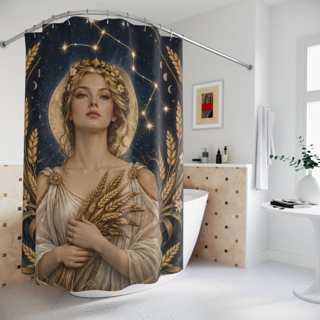 Virgo maiden with a golden wheat wreath shower curtain beside a freestanding tub