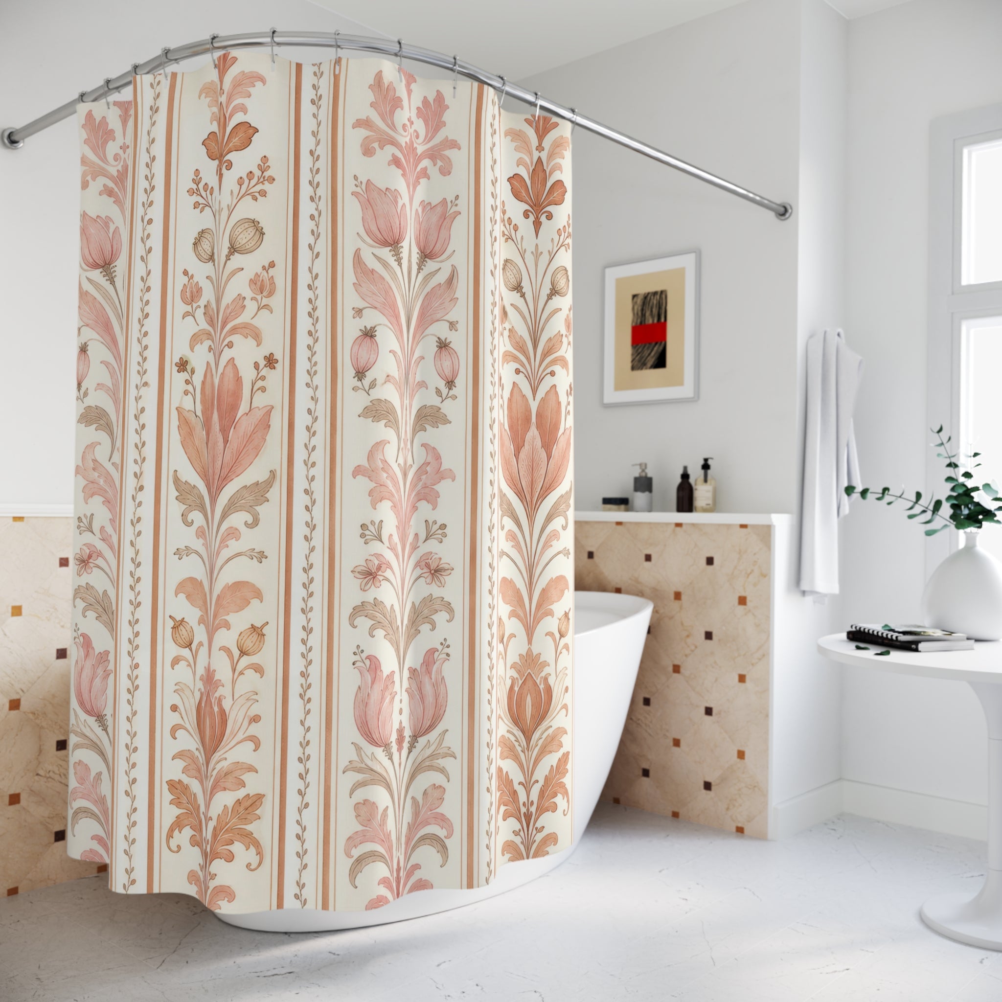 Blush Botanical Damask Stripe Shower Curtain