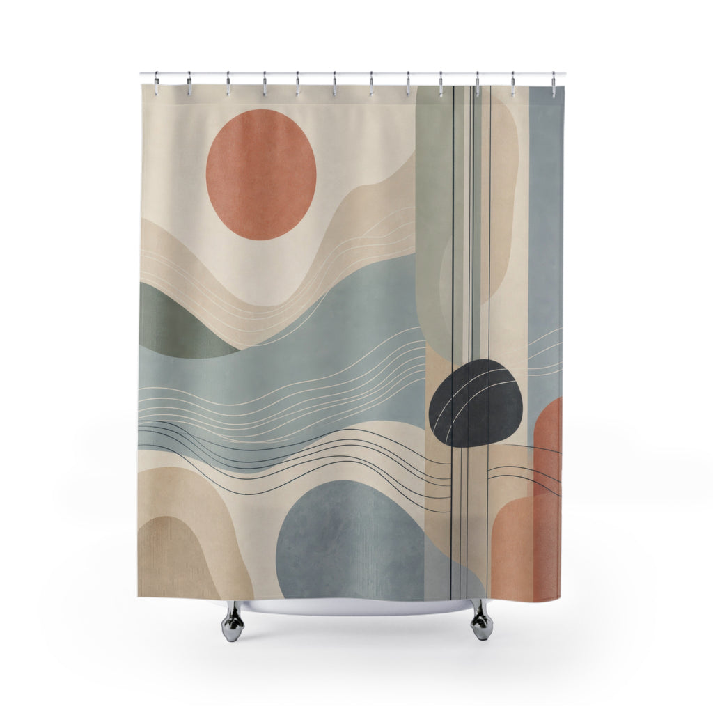 Abstract Landscape Shower Curtain, Blue Watercolor Waves and Terracotta Sun, Modern Coastal Bathroom Decor, Calm Spa Bath Style, Soft Art
