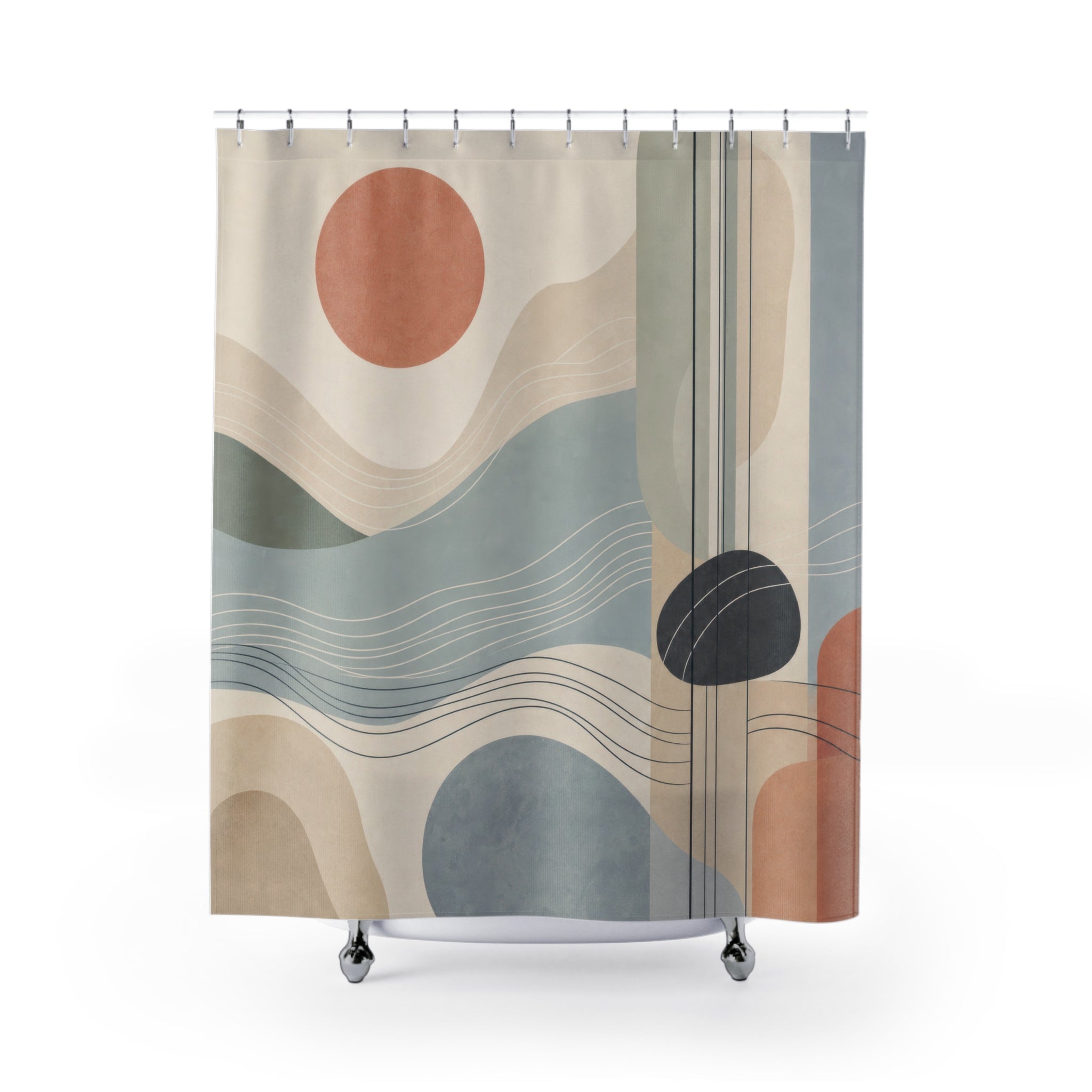 Abstract Landscape Shower Curtain, Blue Watercolor Waves and Terracotta Sun, Modern Coastal Bathroom Decor, Calm Spa Bath Style, Soft Art