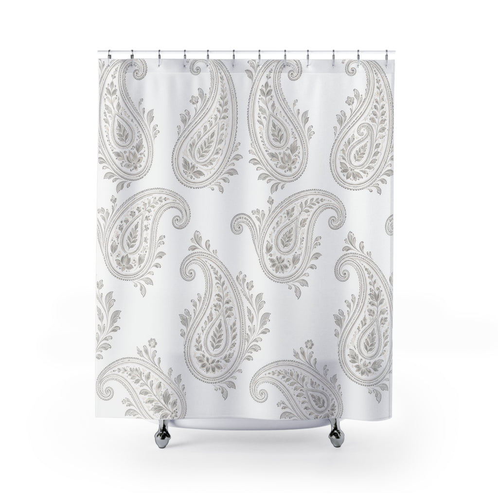 Pale gray leafy paisleys on a bright white ground shower curtain with full front view