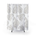 Pale gray leafy paisleys on a bright white ground shower curtain with full front view