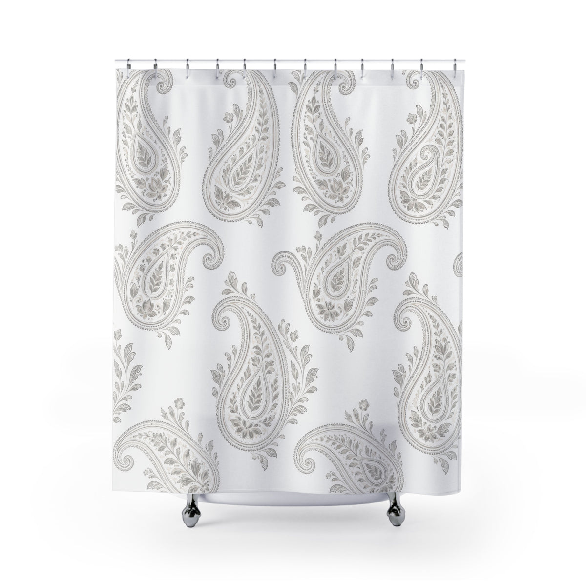 Pale gray leafy paisleys on a bright white ground shower curtain with full front view