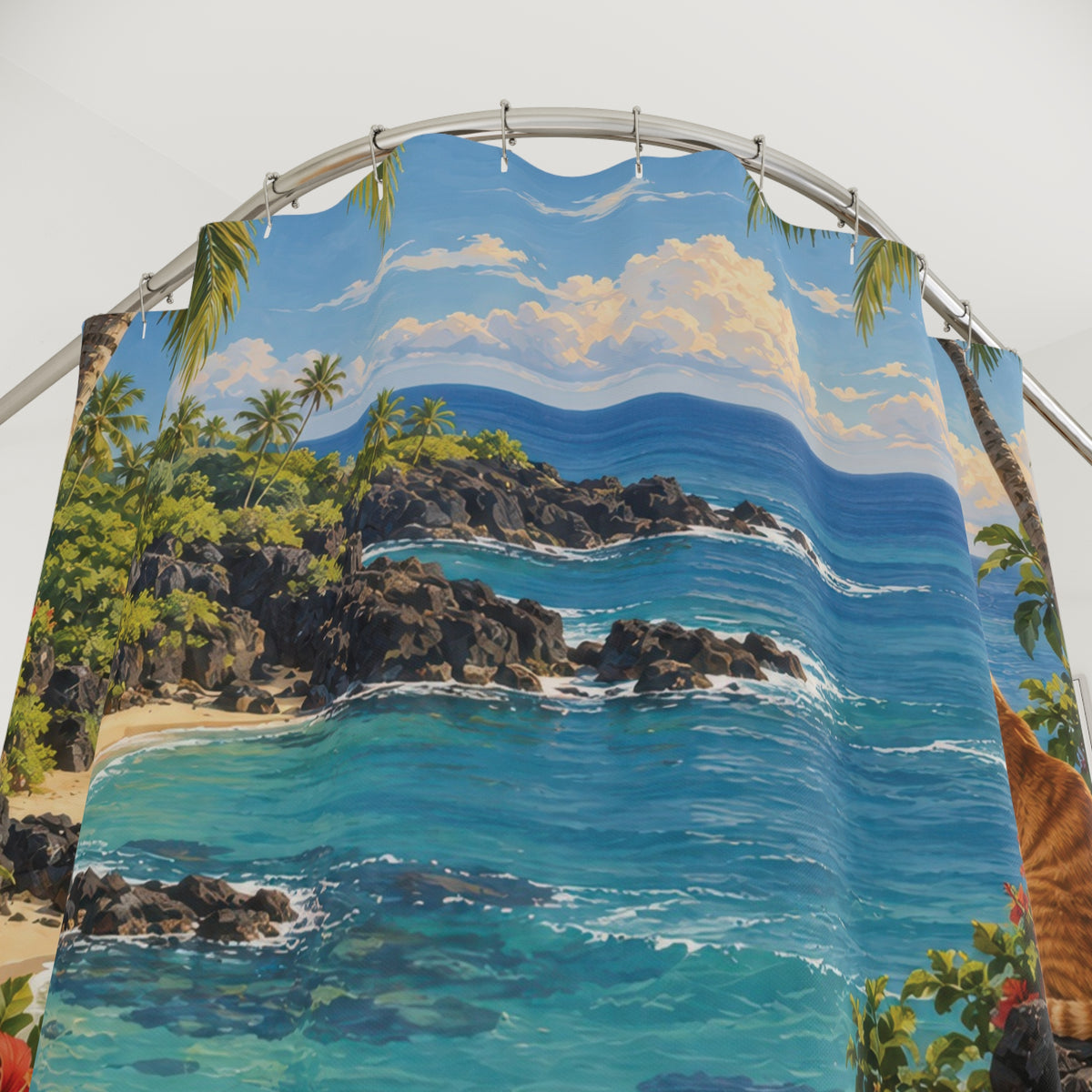 Hawaiian cats beside a turquoise cove shower curtain with close-up print, hooks, and folds