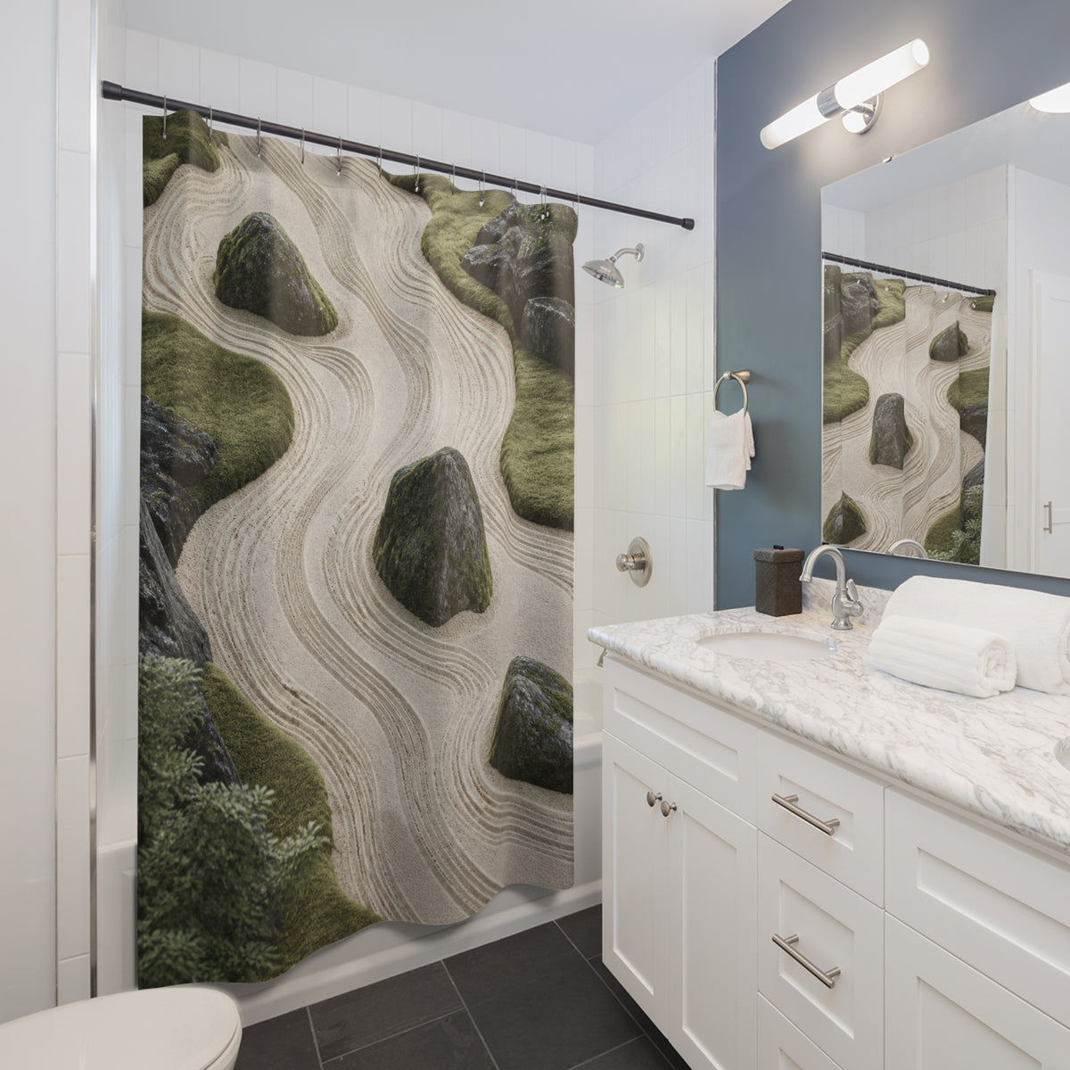 Sage and cream rake terraces curving around mossy stones shower curtain beside a white vanity