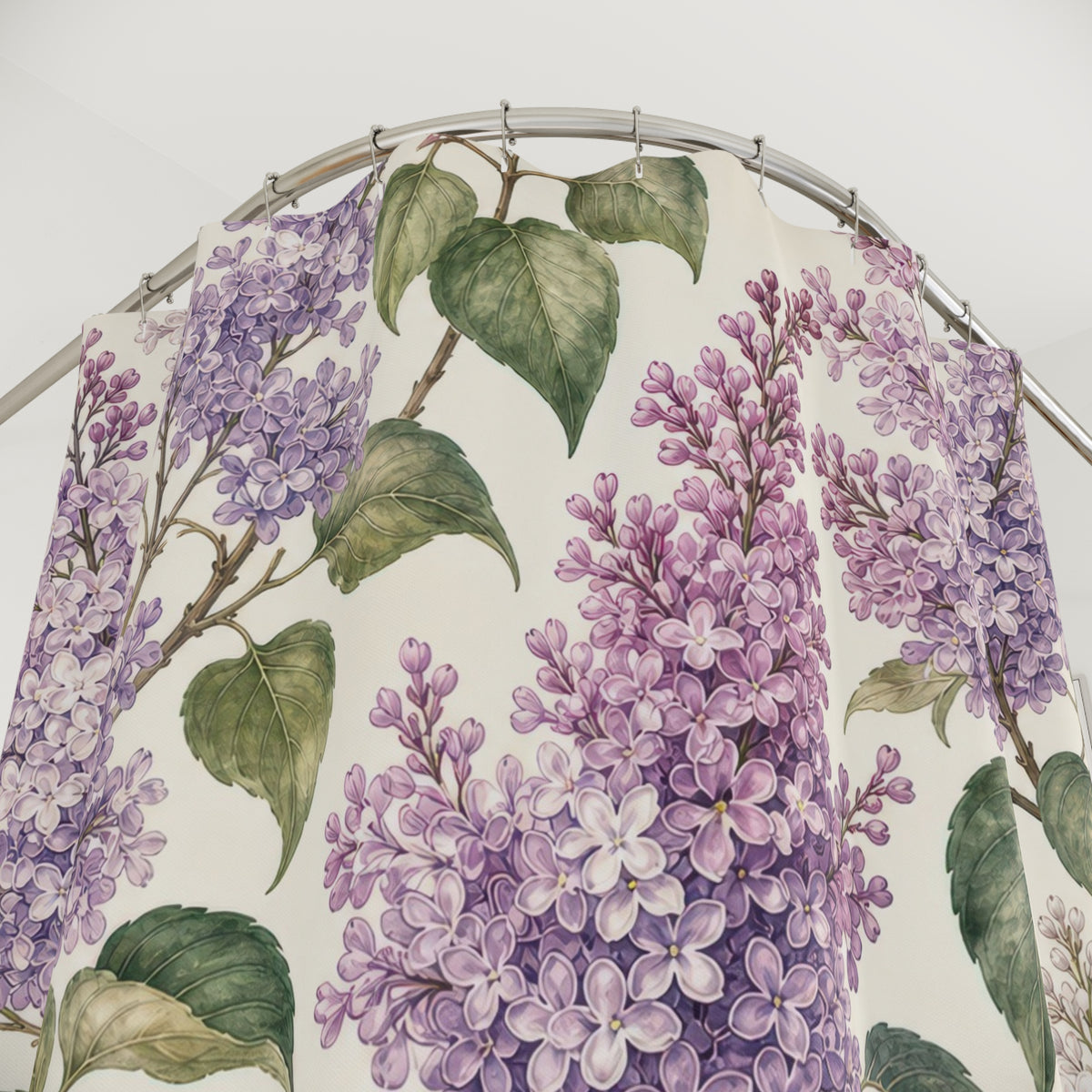 Purple Vintage Floral Botanical lilac shower curtain with close-up print, hooks, and folds