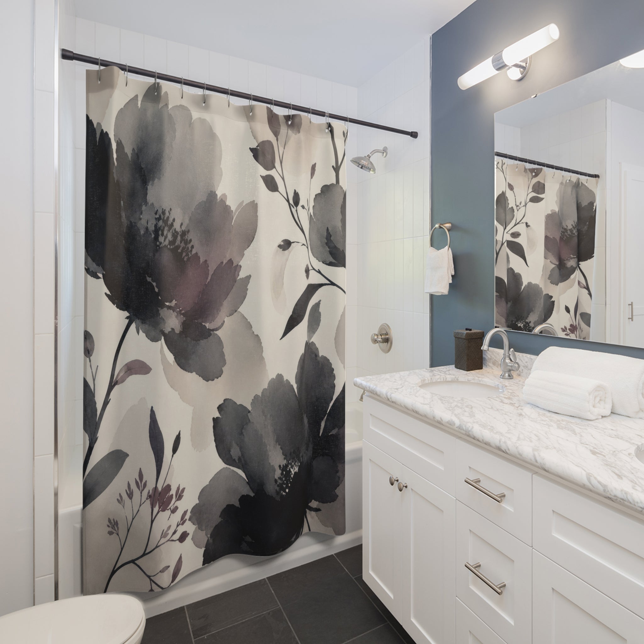 Black Gray Watercolor Flower Shower Curtain