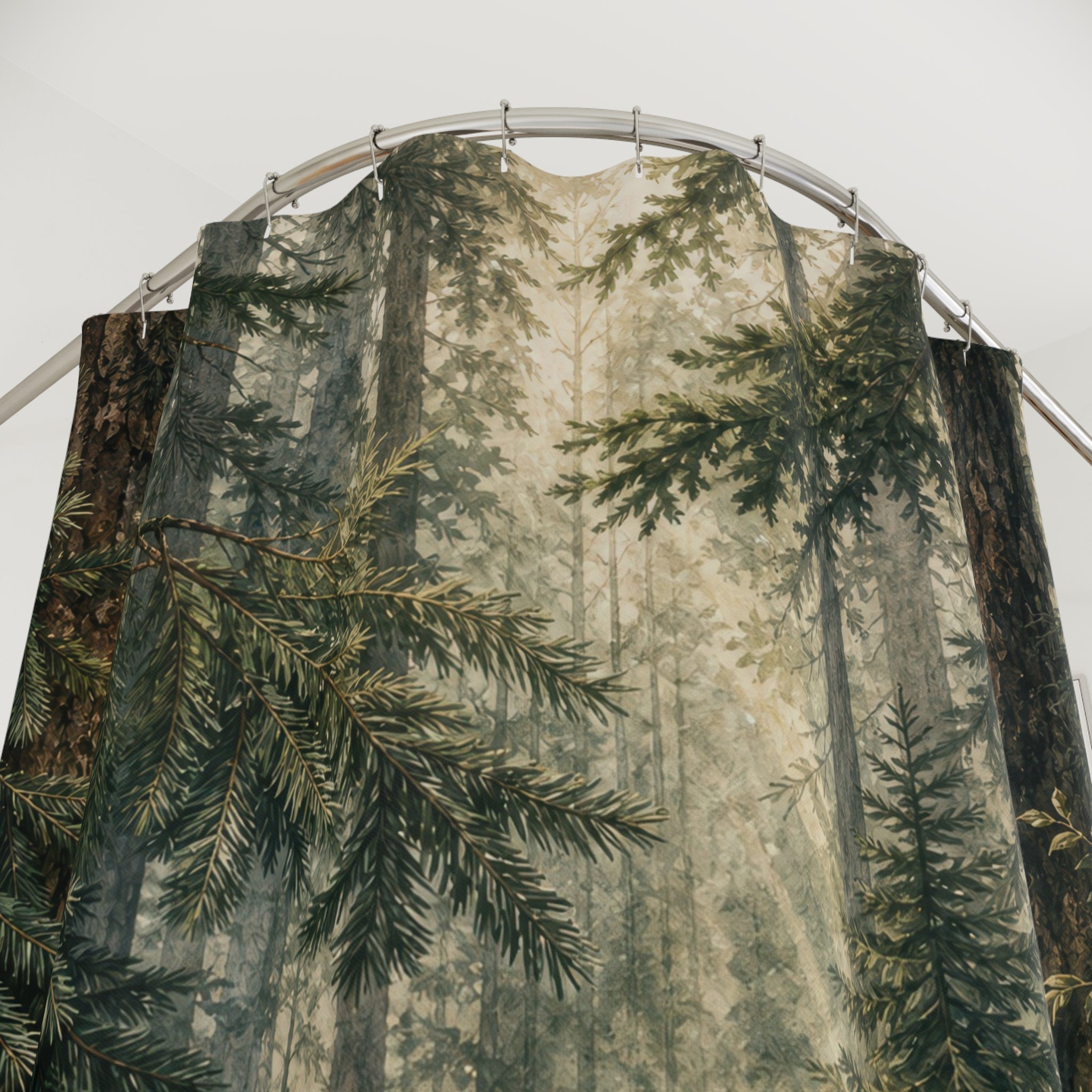 Forest Shower Curtain: Dark Green Woodland Landscape