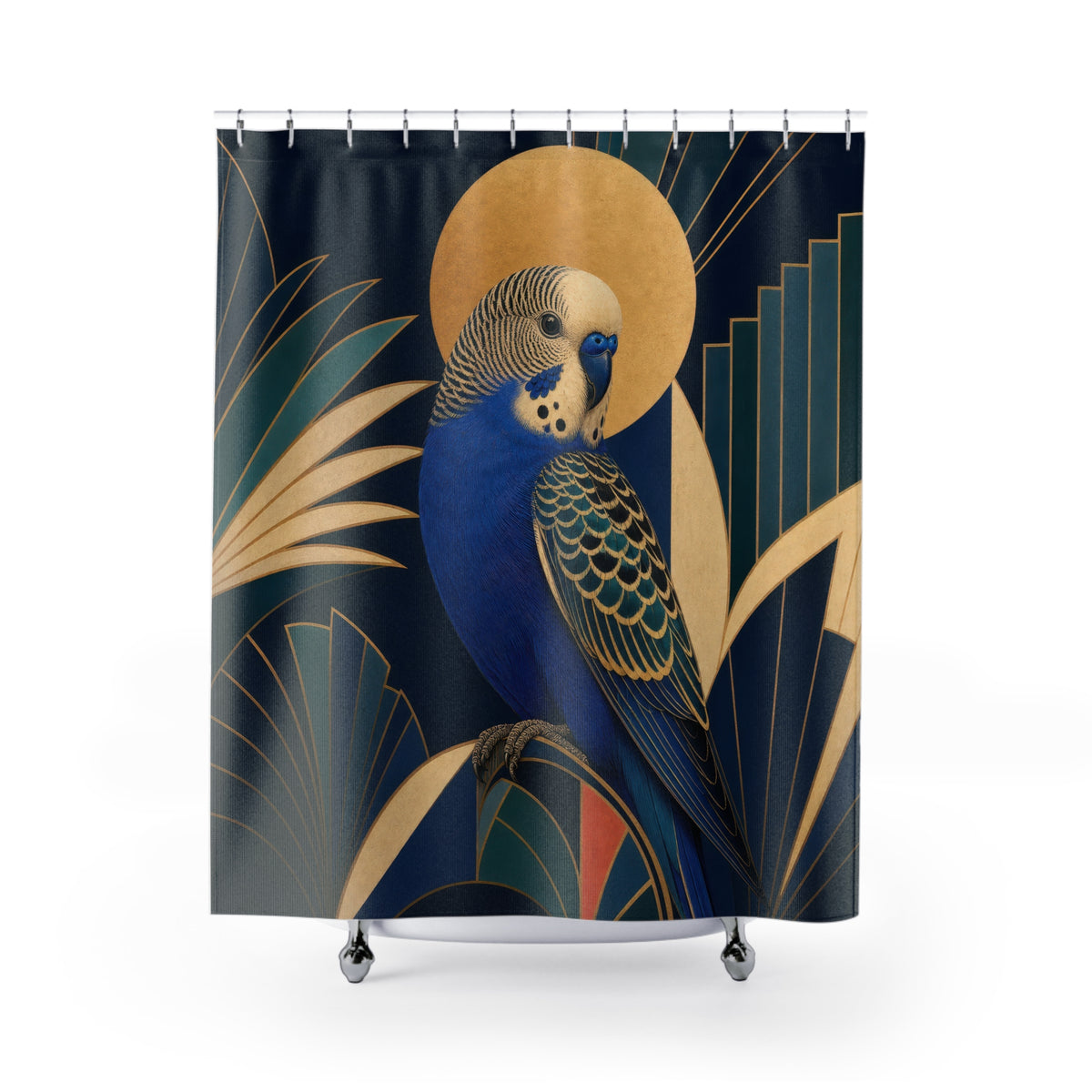 Cobalt Art Deco Parakeet shower curtain with full front view