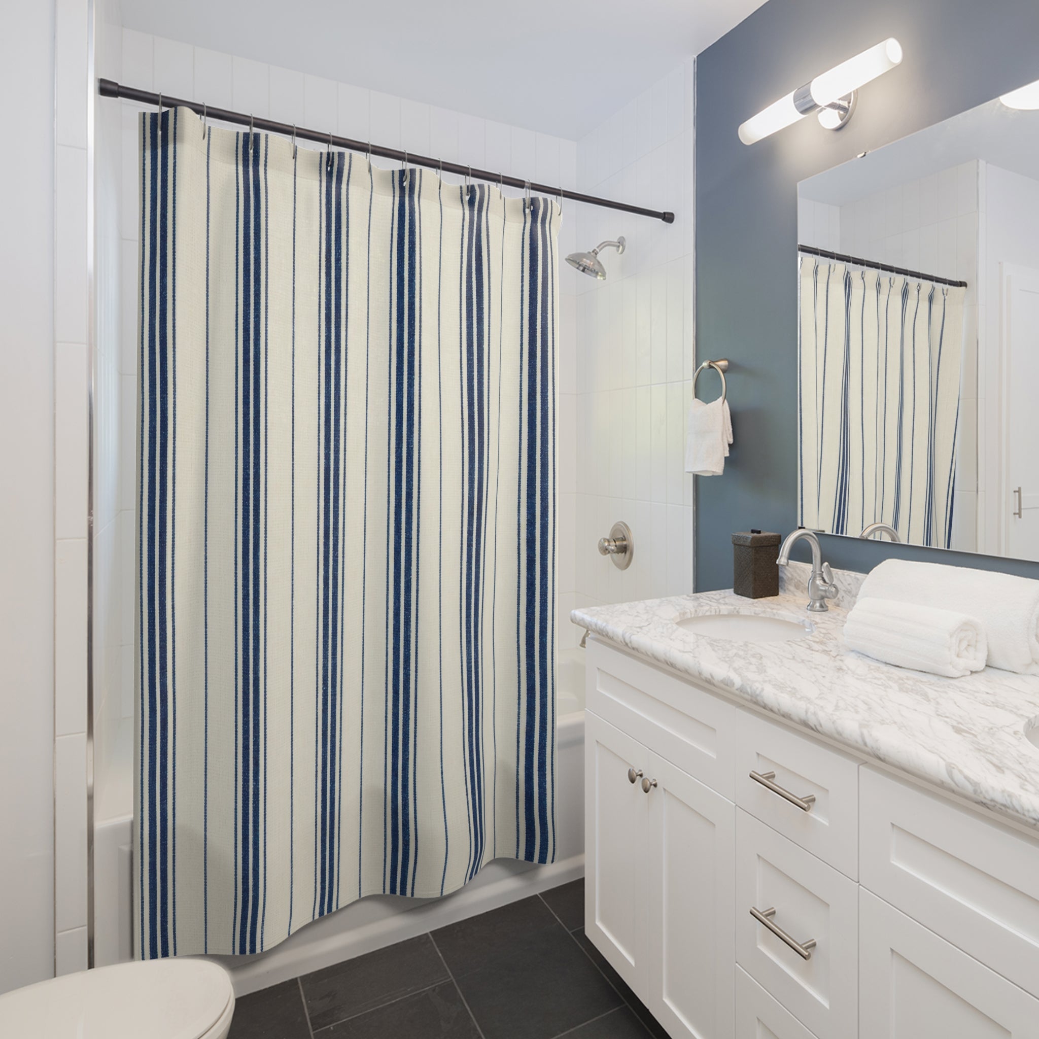 Navy Pinstripe Shower Curtain, Navy White Classic Bathroom Decor, Crisp Stripe Bath Curtain, Guest Bathroom Decor, Small Bathroom Decor