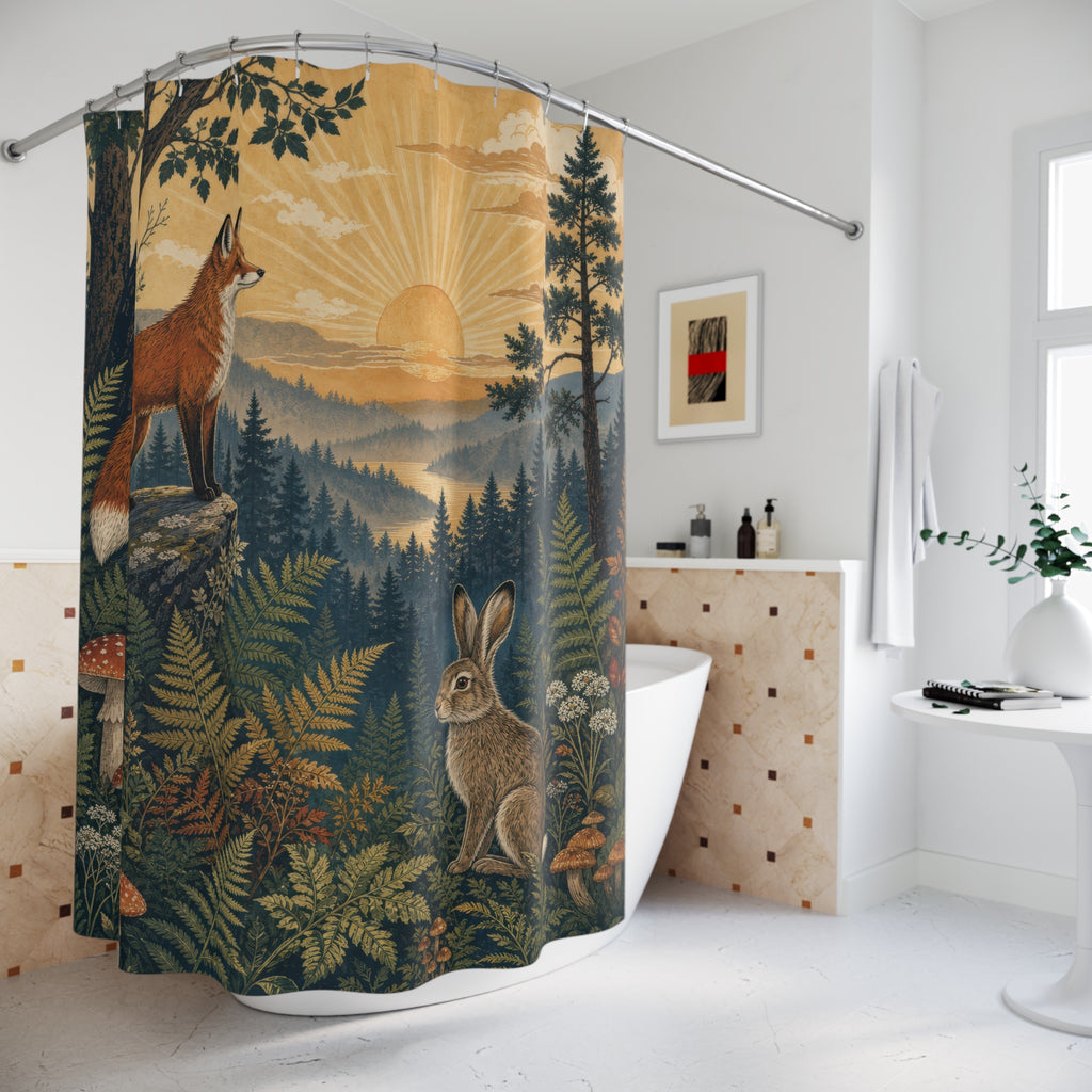 Woodland Sunrise Fox and Hare Shower Curtain