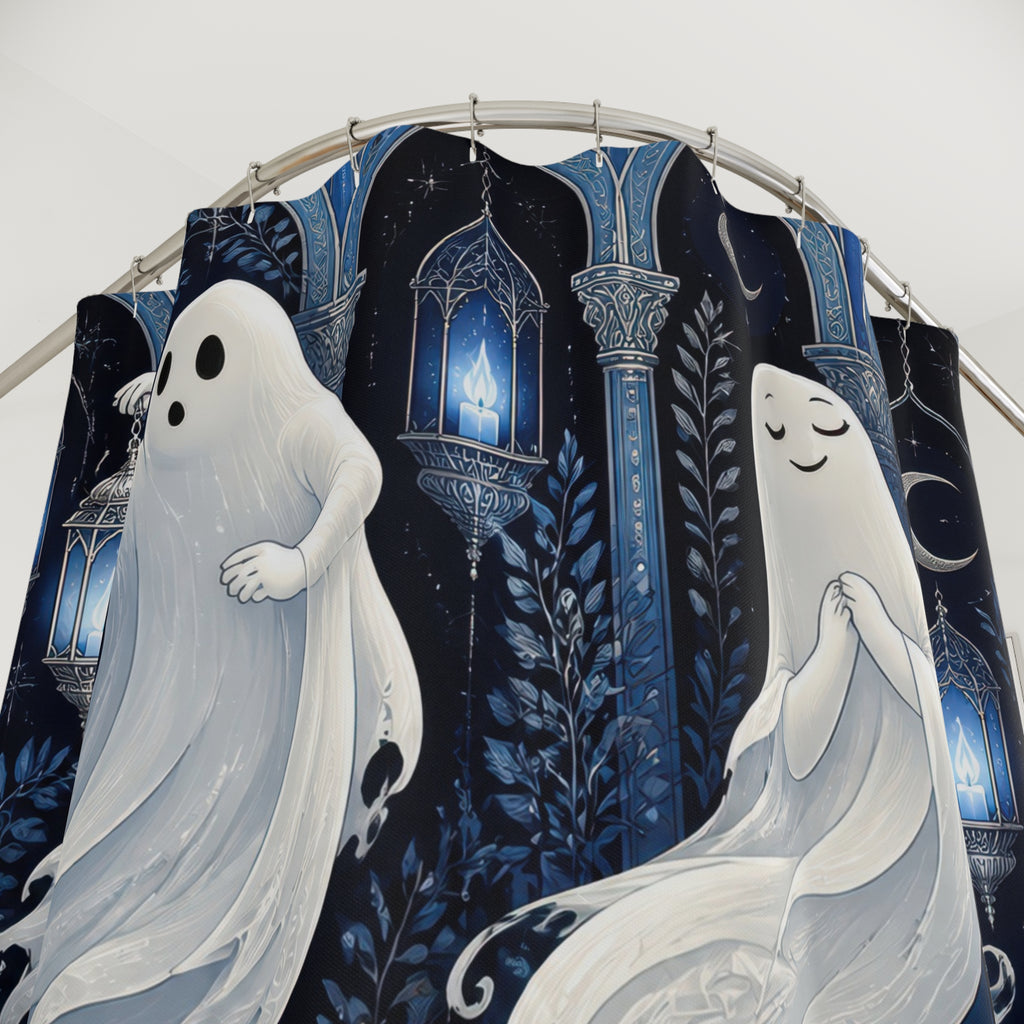White ghosts in a light blue lantern arcade shower curtain with close-up print, hooks, and folds
