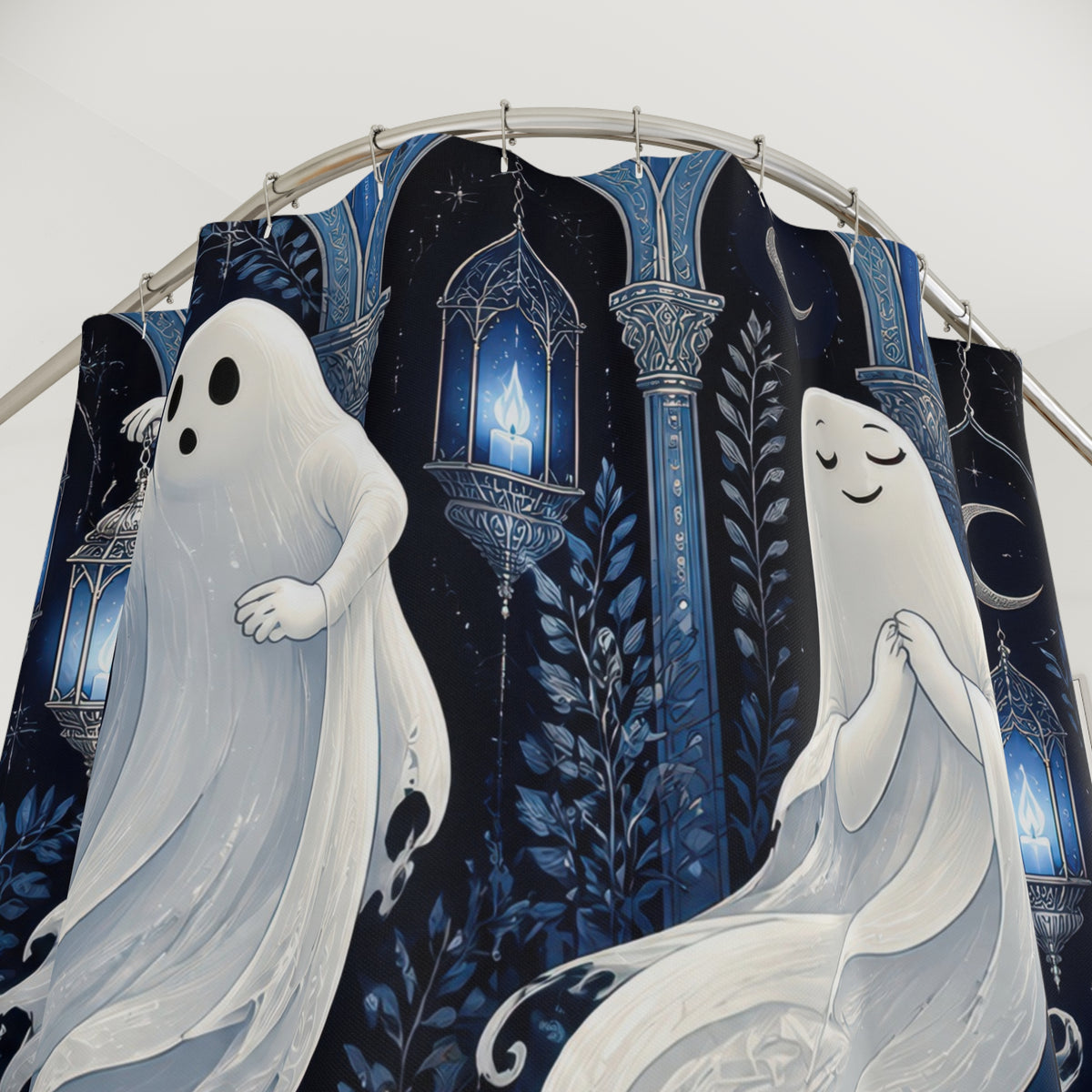 White ghosts in a light blue lantern arcade shower curtain with close-up print, hooks, and folds