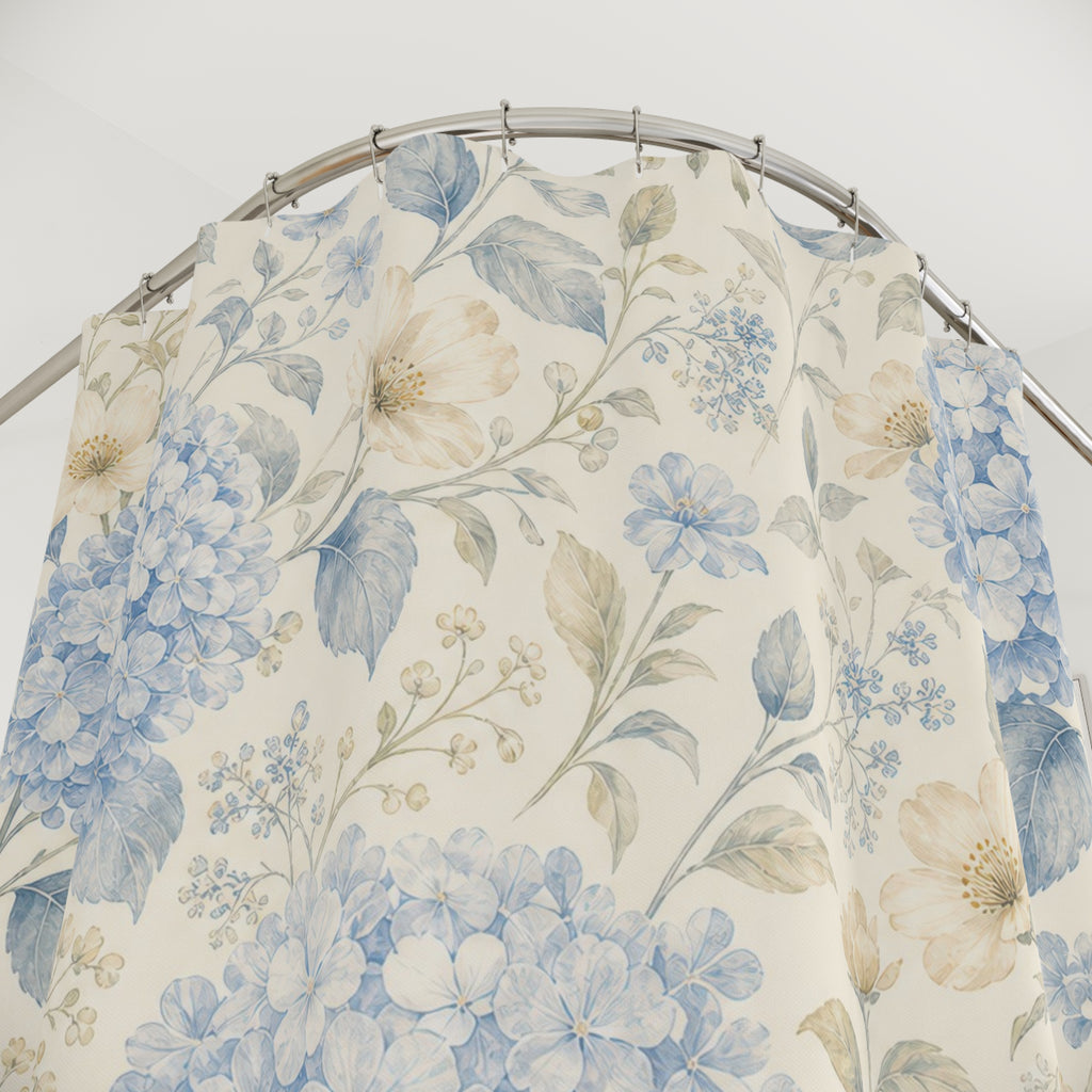 Hydrangea Blue Floral Botanical Cottage Cottagecore Beige Shower Curtain