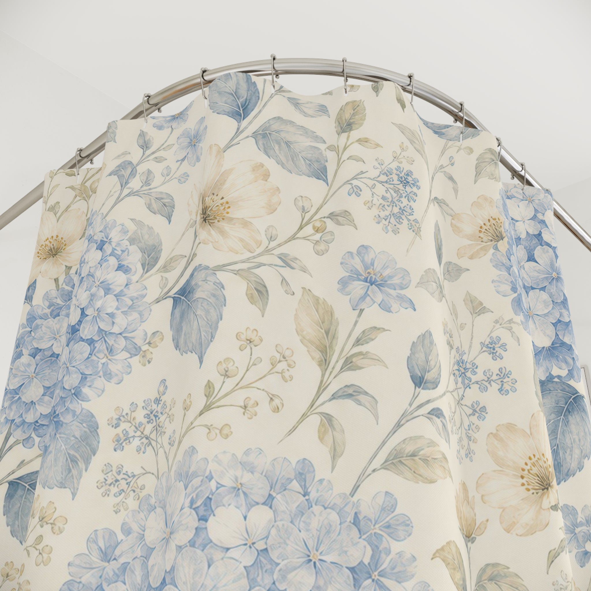 Hydrangea Blue Floral Botanical Cottage Cottagecore Beige Shower Curtain