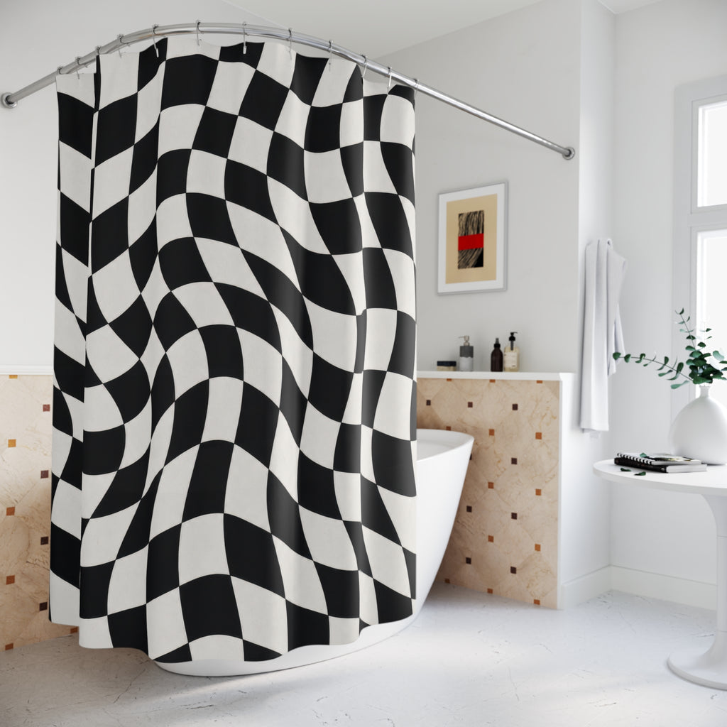 Black White Wavy Check Shower Curtain