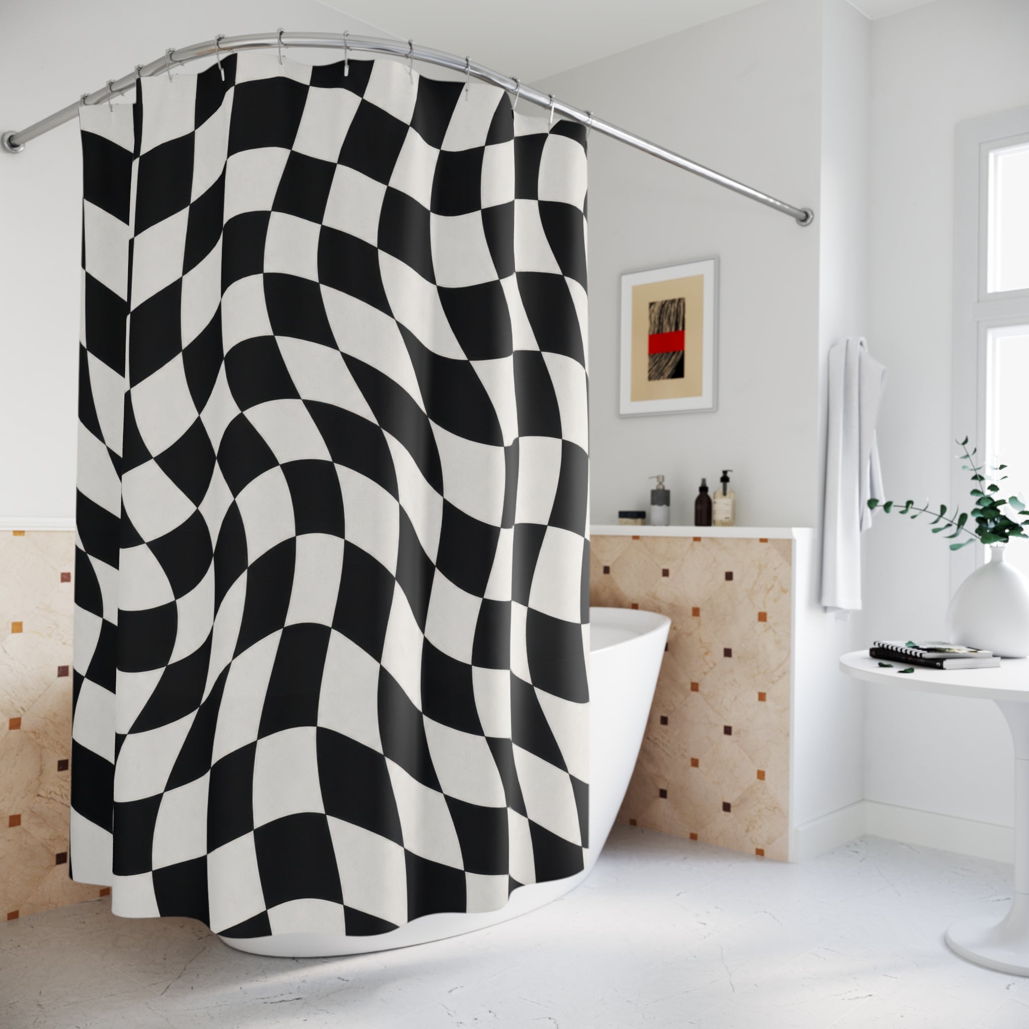 Black White Wavy Check Shower Curtain