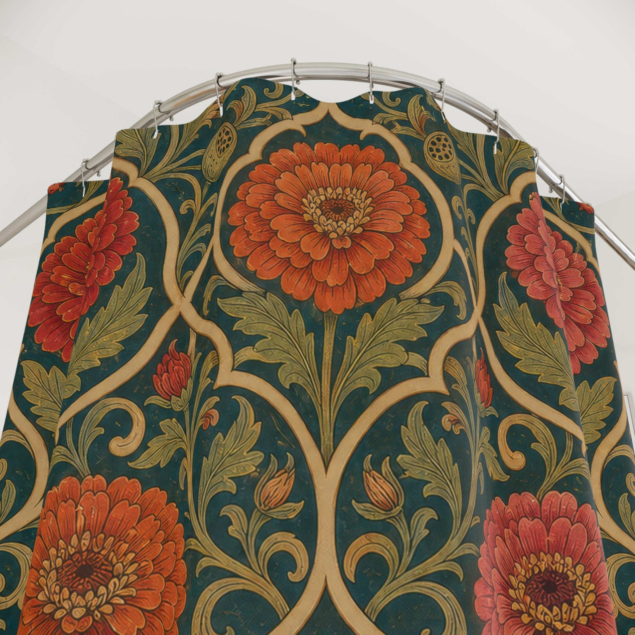 Arts and Crafts zinnia ogee pattern shower curtain with close-up print, hooks, and folds