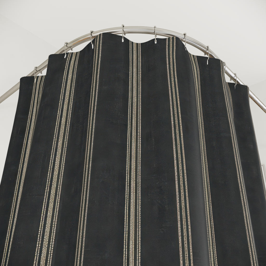 Black Ticking Stripe Shower Curtain, Charcoal Pinstripe Pattern, Cream Lines, Modern Farmhouse Moody Bathroom Decor, Classic Bath Style