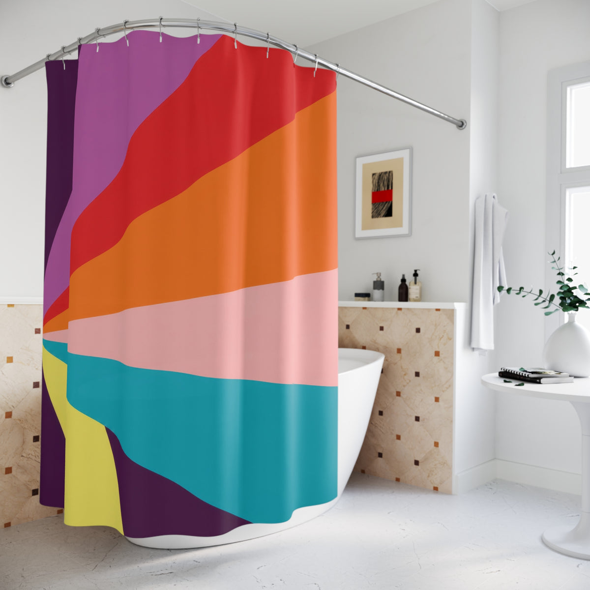 Plum orange and turquoise radial color panels shower curtain beside a freestanding tub