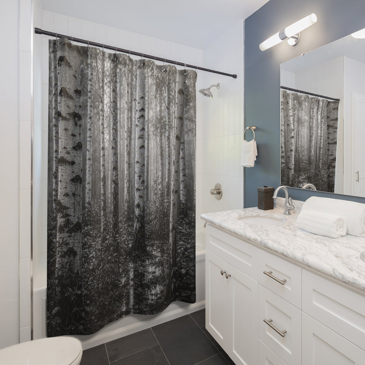 Black White Birch Rain Photo Shower Curtain
