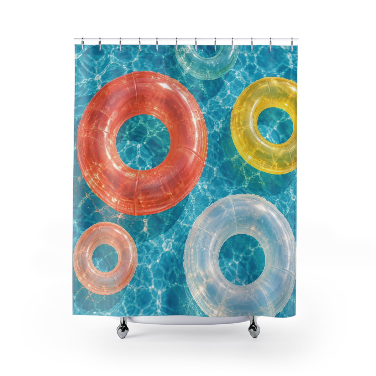 Coral, yellow and white pool floats on sunlit aqua water shower curtain with full front view