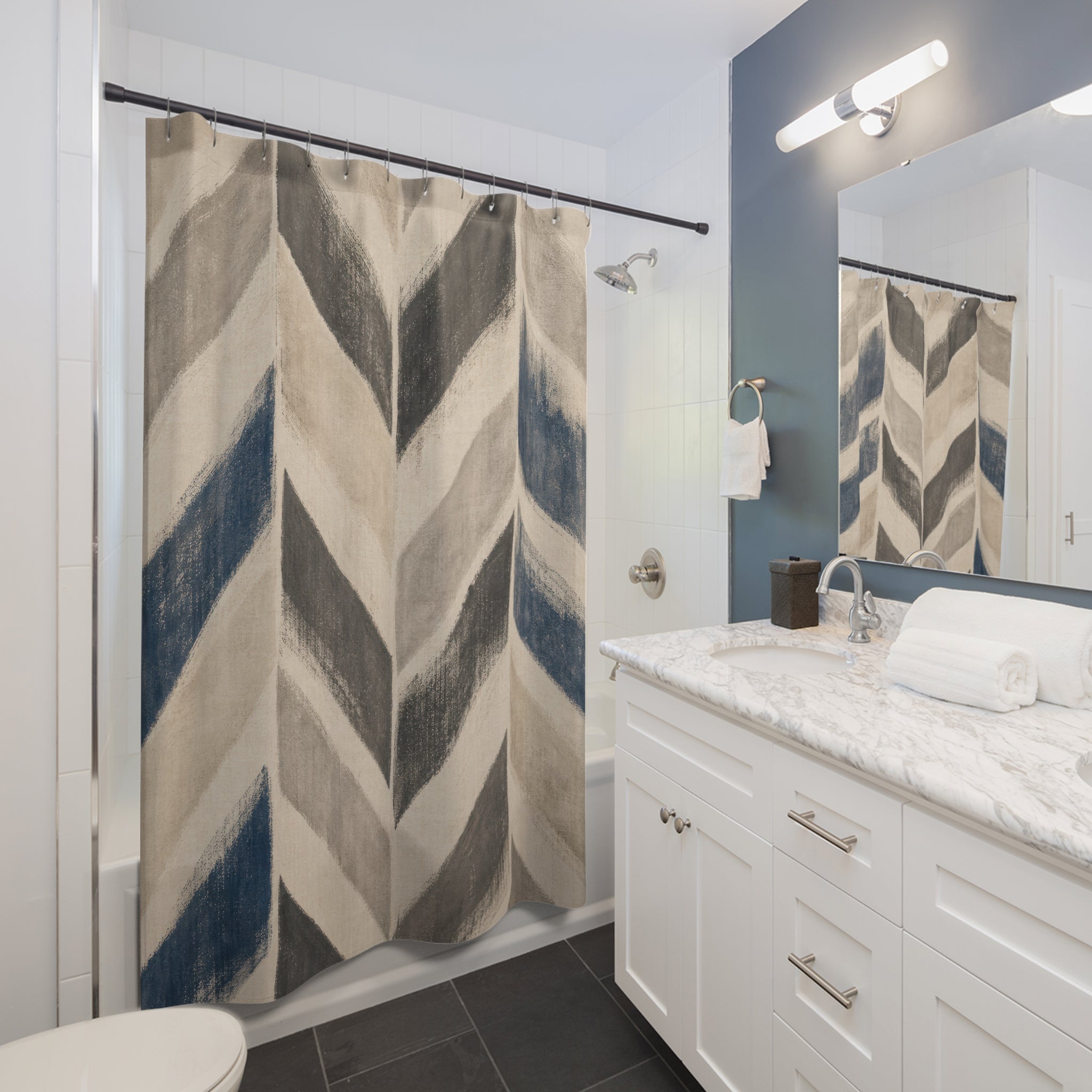 Herringbone Shower Curtain, Beige Charcoal Blue Chevron Pattern, Modern Farmhouse Bathroom Decor, Neutral Guest Bath Style