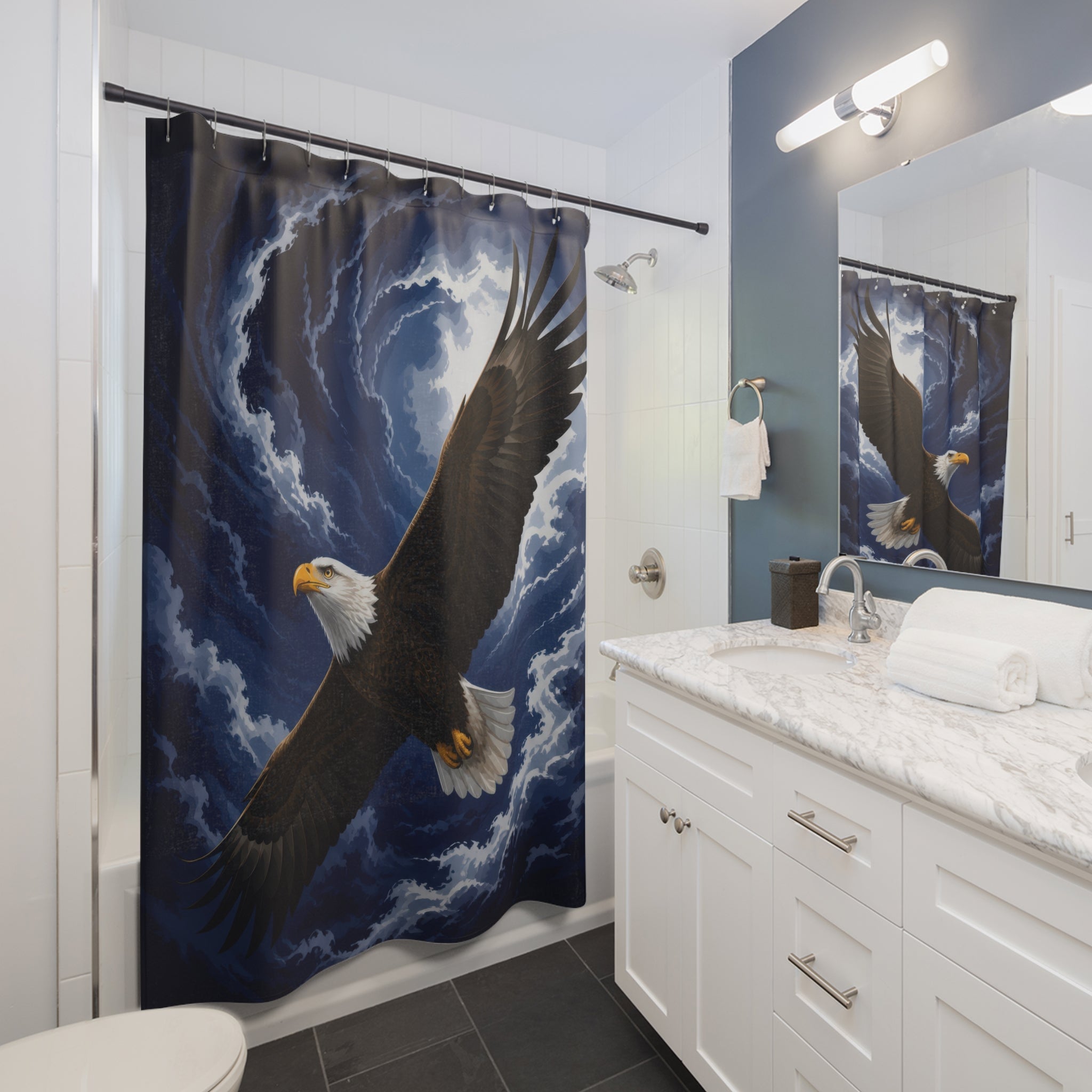 Bald eagle in flight across a navy moonlit sky shower curtain beside a white vanity