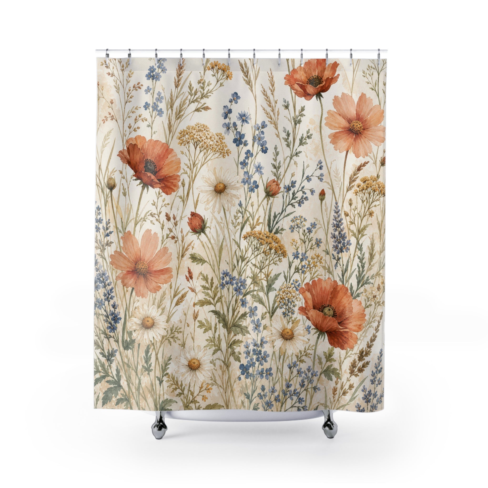 Orange Blue Wildflower Watercolor Shower Curtain
