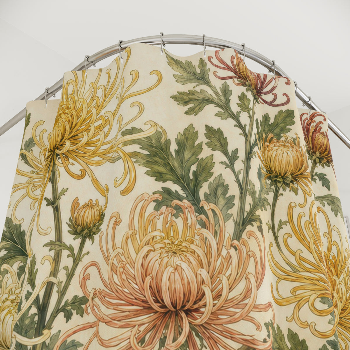 Yellow Cream Floral Botanical chrysanthemum shower curtain with close-up print, hooks, and folds