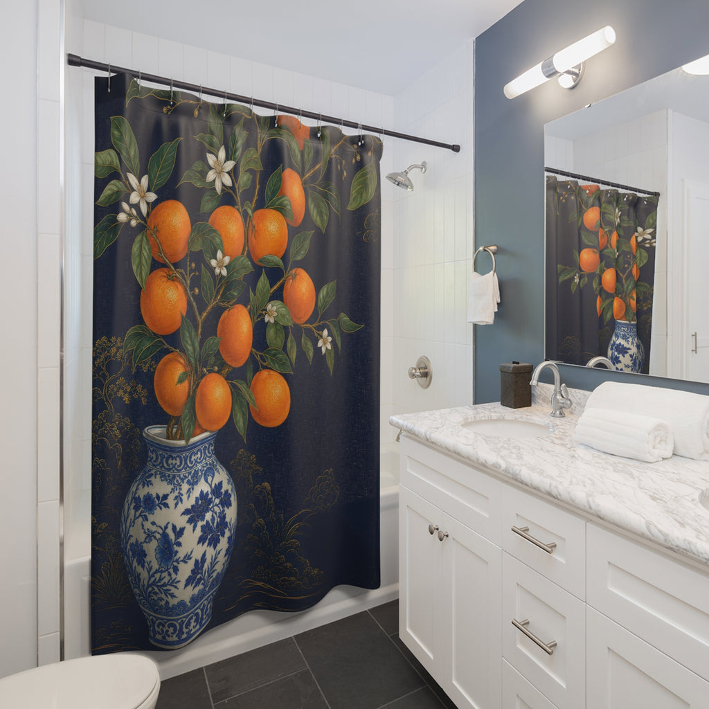 Blue Chinoiserie Orange Shower Curtain