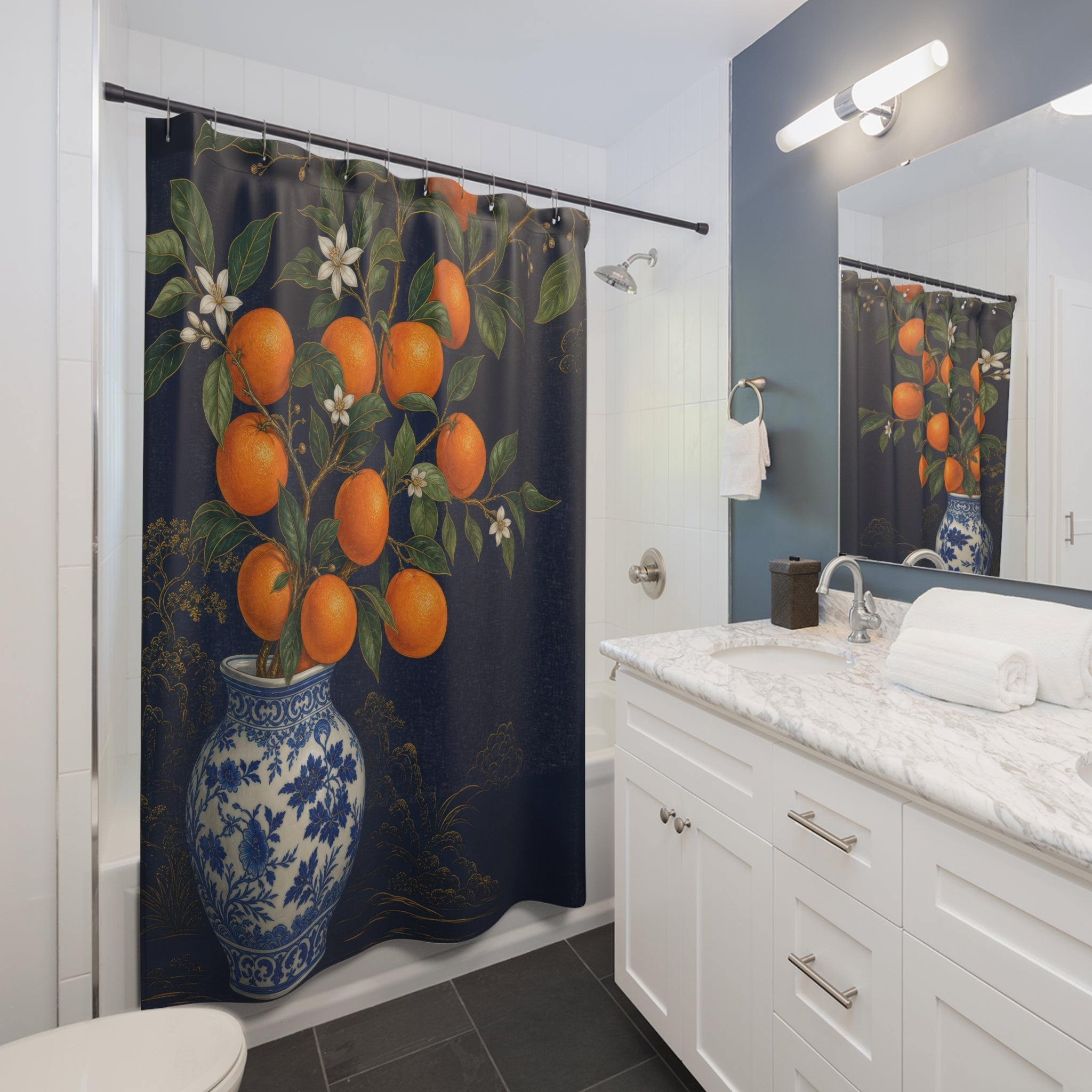 Blue Chinoiserie Orange Shower Curtain