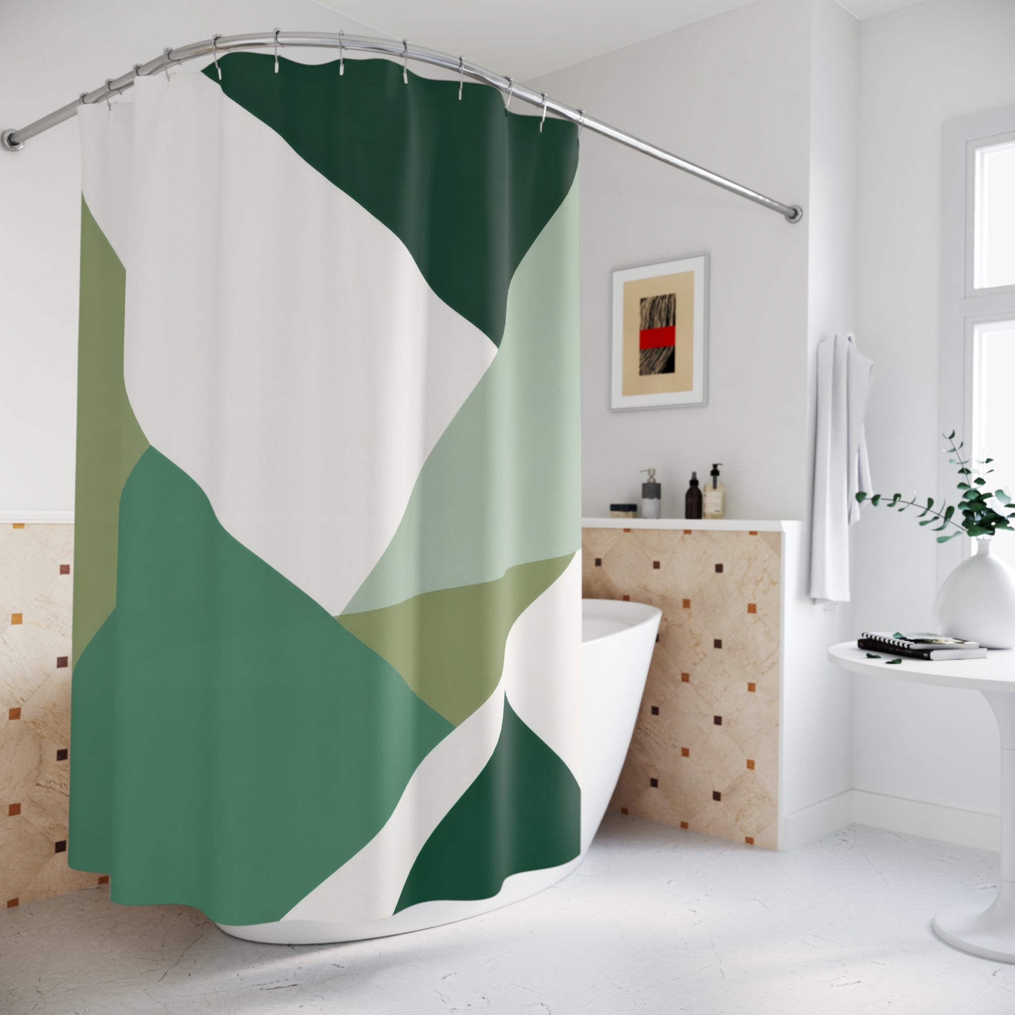Green Geometric Shower Curtain, White Triangle Bath Decor, Faceted Abstract Pattern, Modern Guest Bathroom Decor, Sage Style Decor