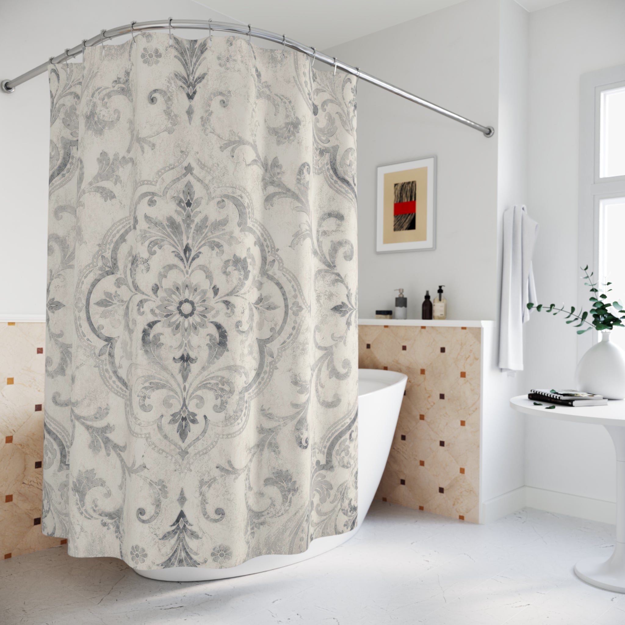 Grey Medallion Damask Shower Curtain
