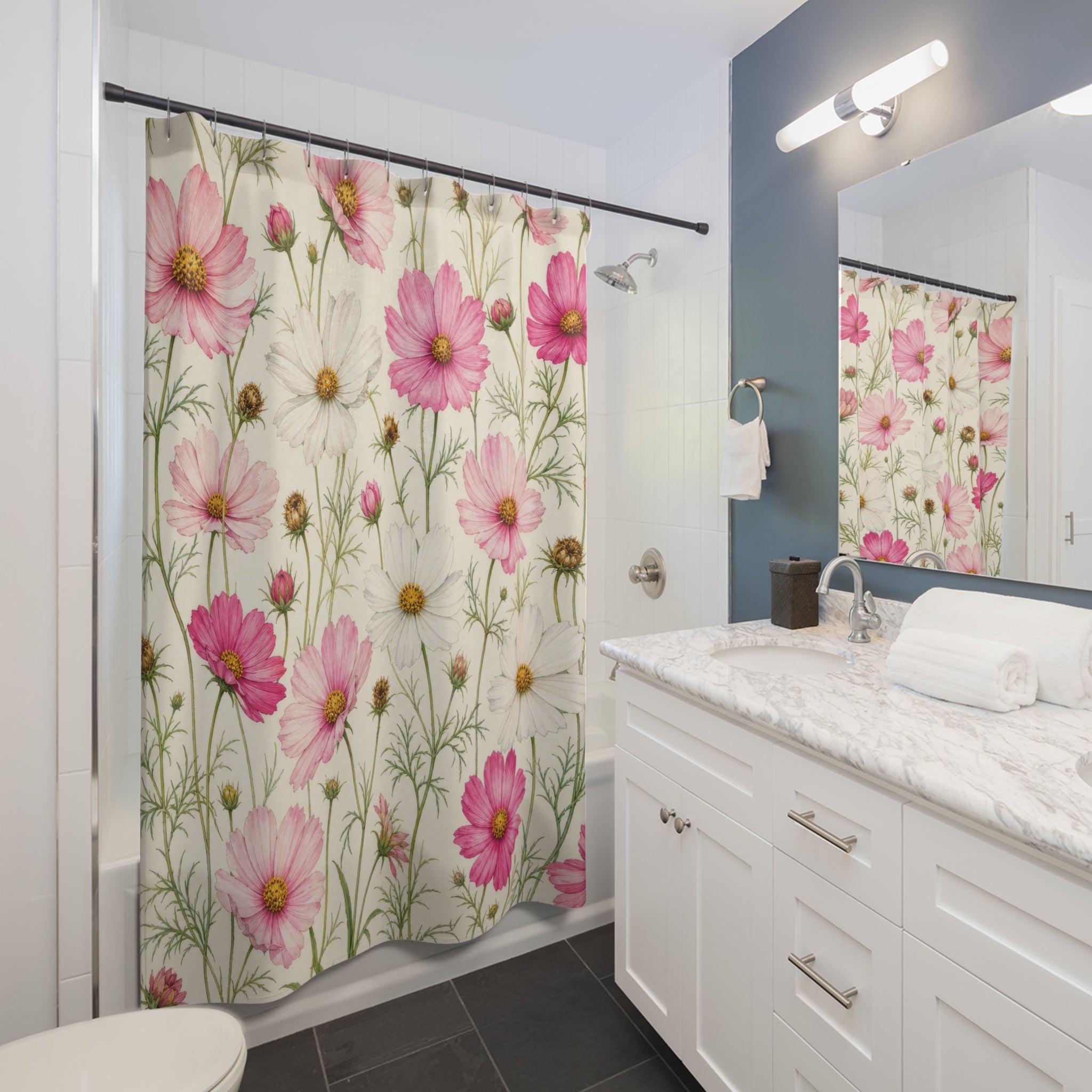Fresh Pink White Cottage Wildflower Shower Curtain