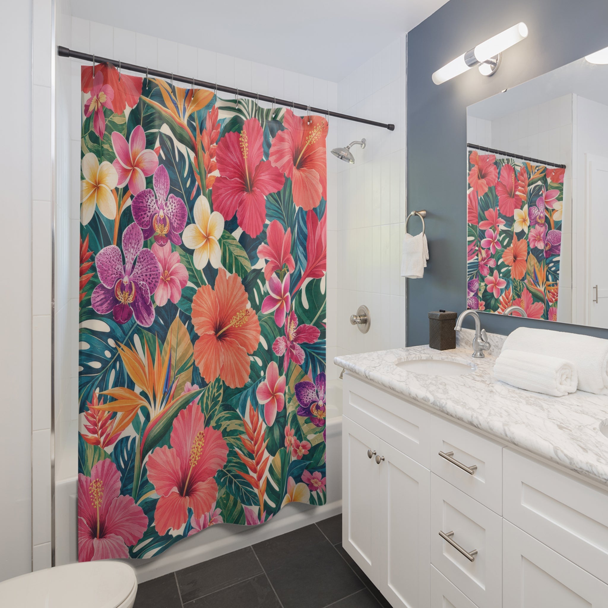 Pink Hibiscus Orchid Floral Shower Curtain