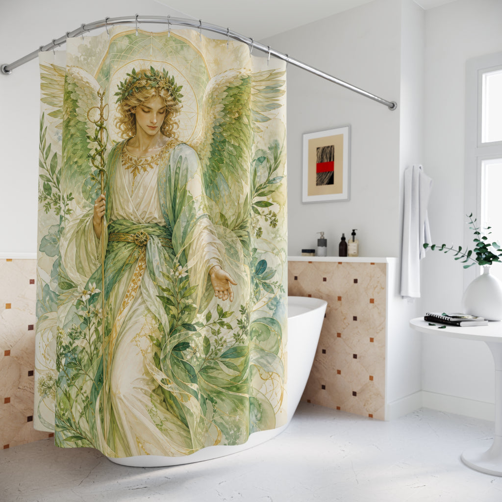 Archangel Raphael Shower Curtain, Healing Angel Botanical Art, Green White Spiritual Decor, Peaceful Garden Bathroom Accent, Garden Bath Art