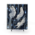White ghosts in a light blue lantern arcade shower curtain with full front view
